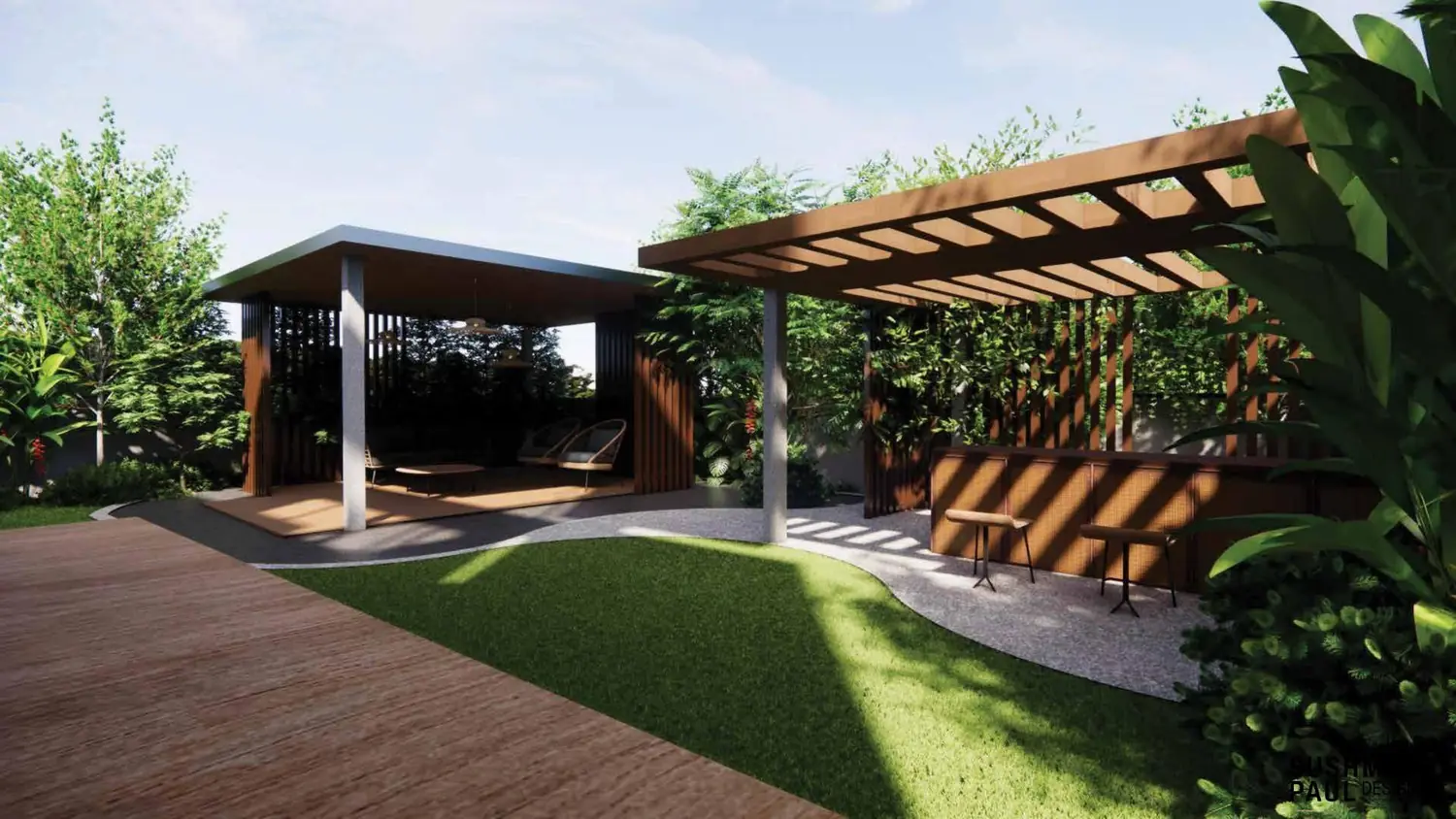 Community pergola and deck lounge