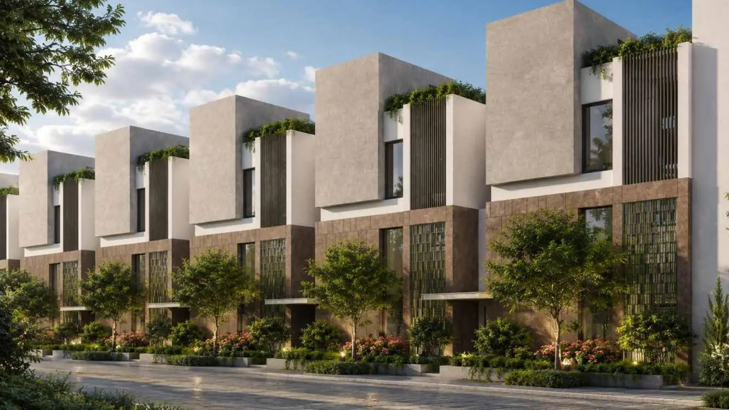 Row villa facades along the internal street