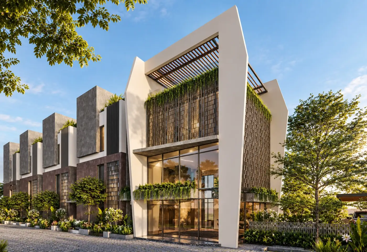 Row villa facade with green vertical landscaping at Collective 23