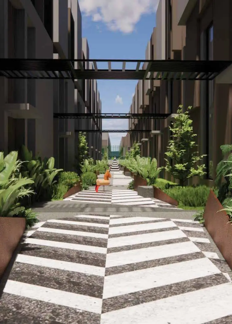 Landscaped internal walkway between the row villas